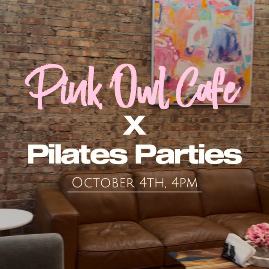 Pink Owl Cafe x Pilates Parties, October 4th at 4PM, lettered over the brick wall and leather sofa